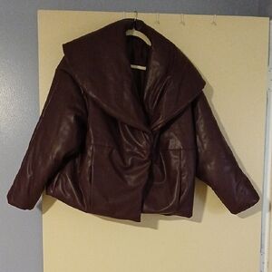 Women's Oversized Puffer Coat in Deep Burgundy - Faux Leather
